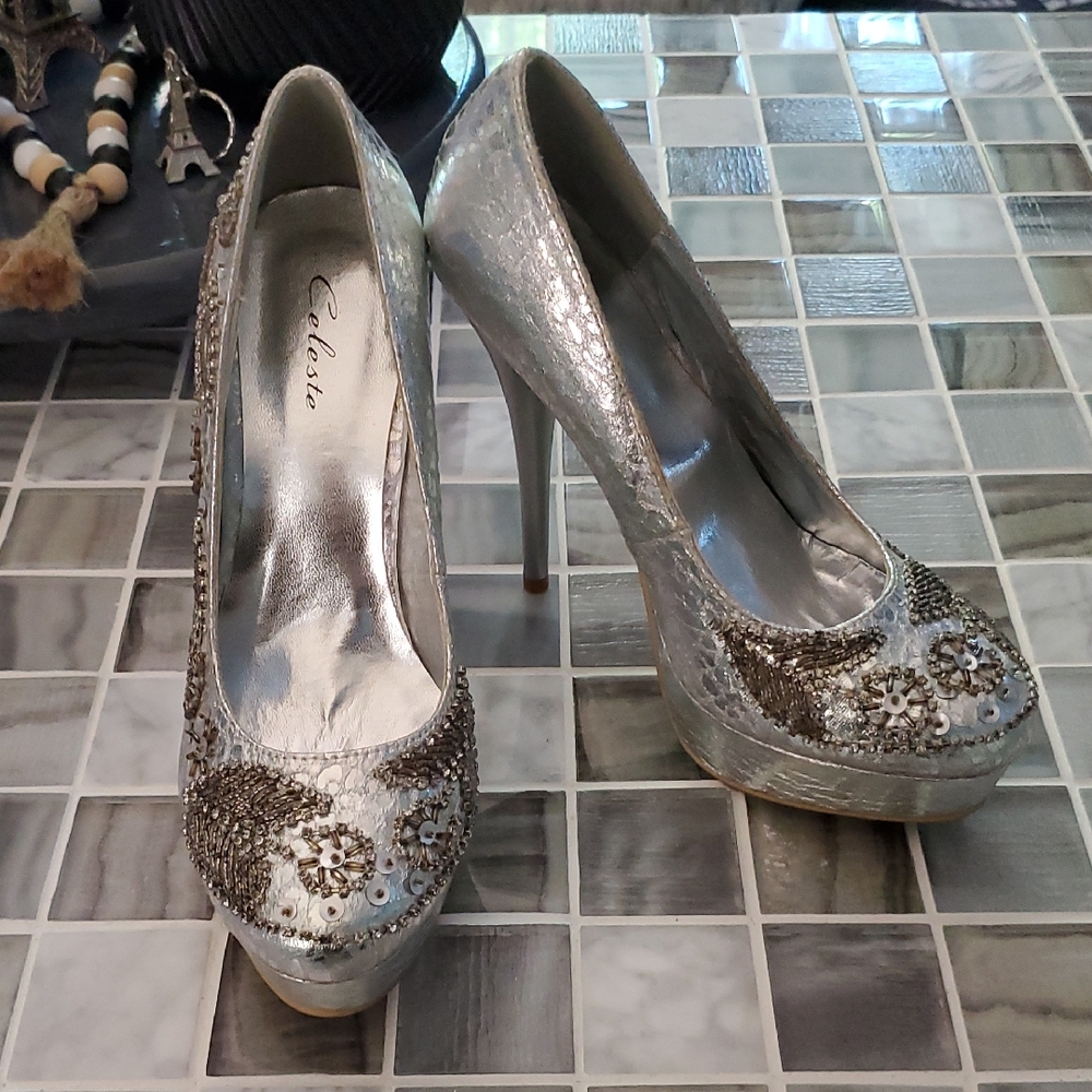 Celeste Shimmering Silver Embellished Heels